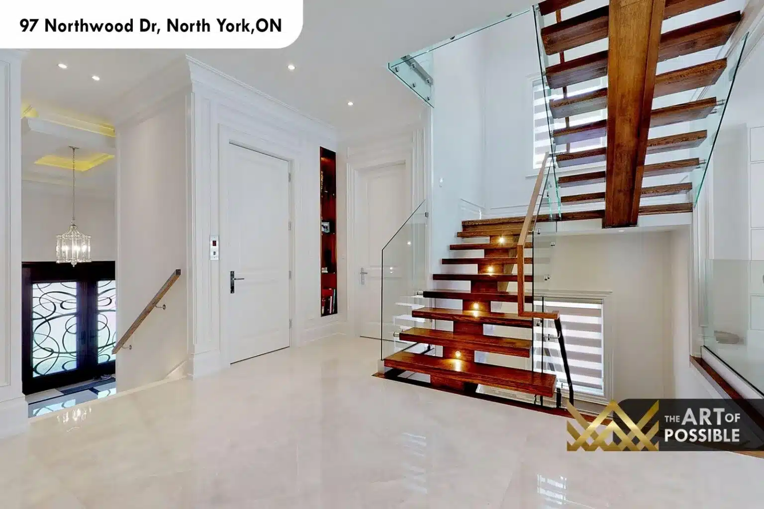 97 Northwood Dr open-tread walnut staircase glass railings LED lighting