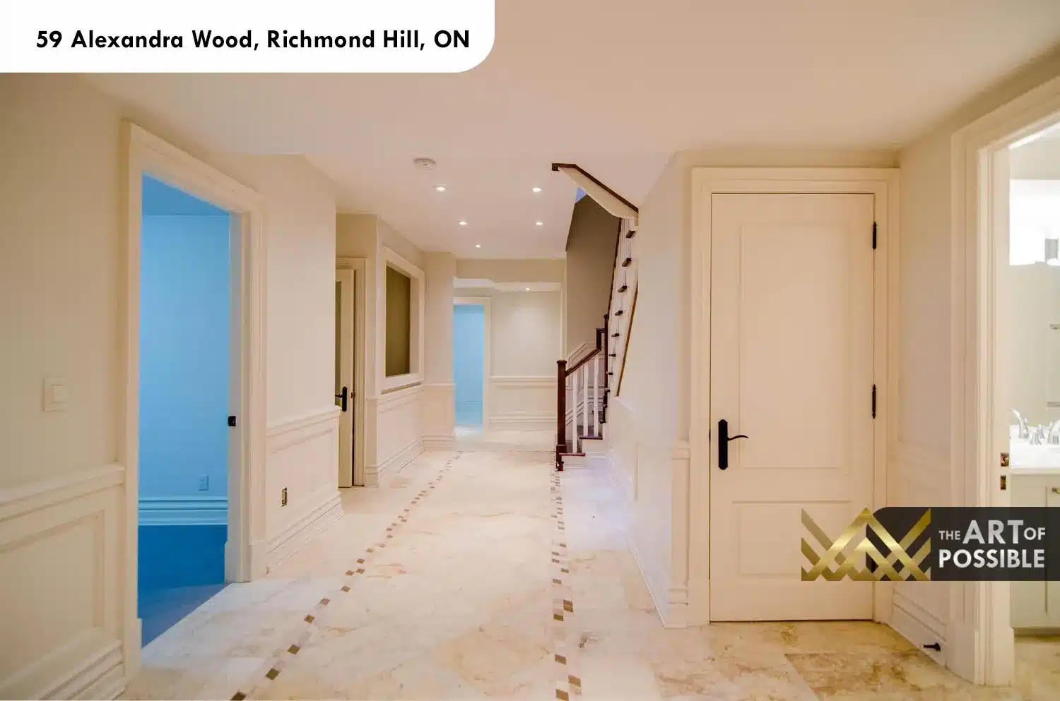 59 Alexandra Wood North York lower level marble foyer hallway staircase wainscoting