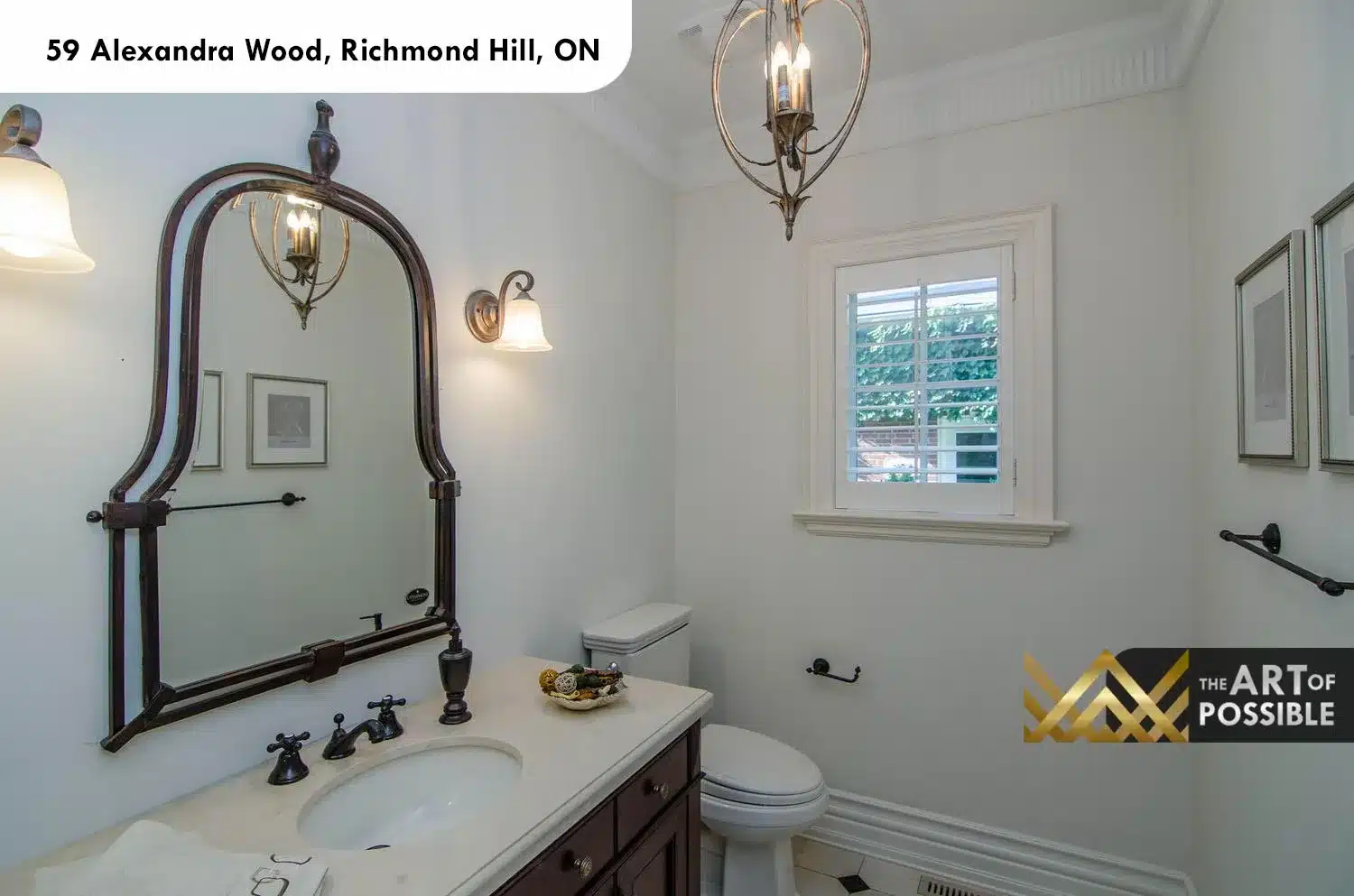 59 Alexandra Wood North York powder room ornate dark mirror candelabra sconces pendant lantern