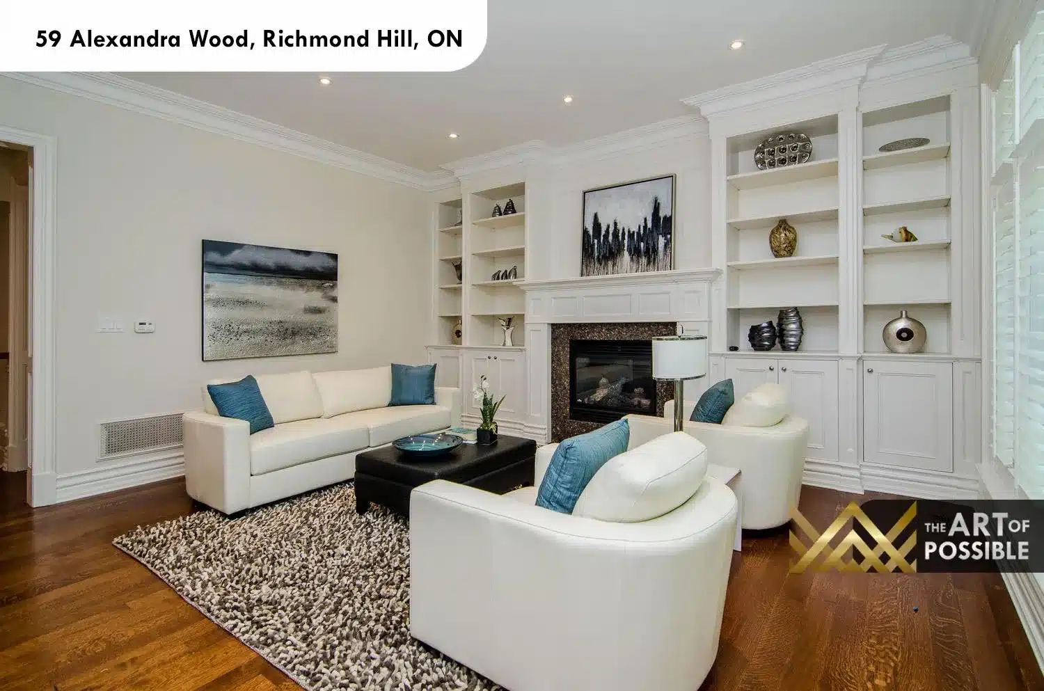 59 Alexandra Wood North York family room fireplace built-ins crown moulding hardwood