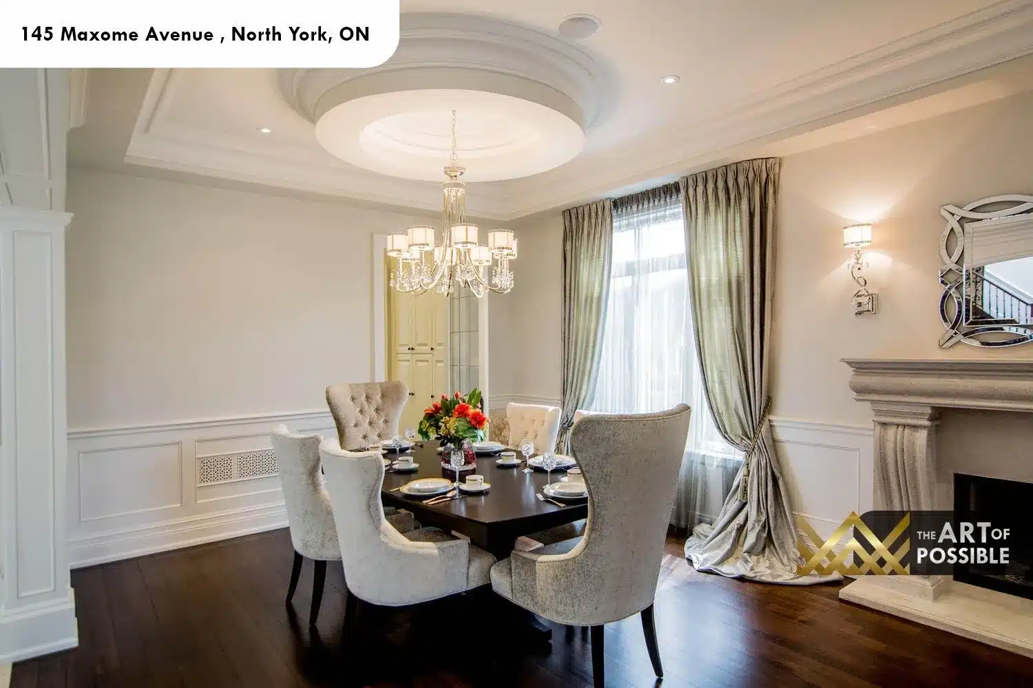 145 Maxome Avenue dining room circular plaster dome ceiling crystal chandelier limestone fireplace