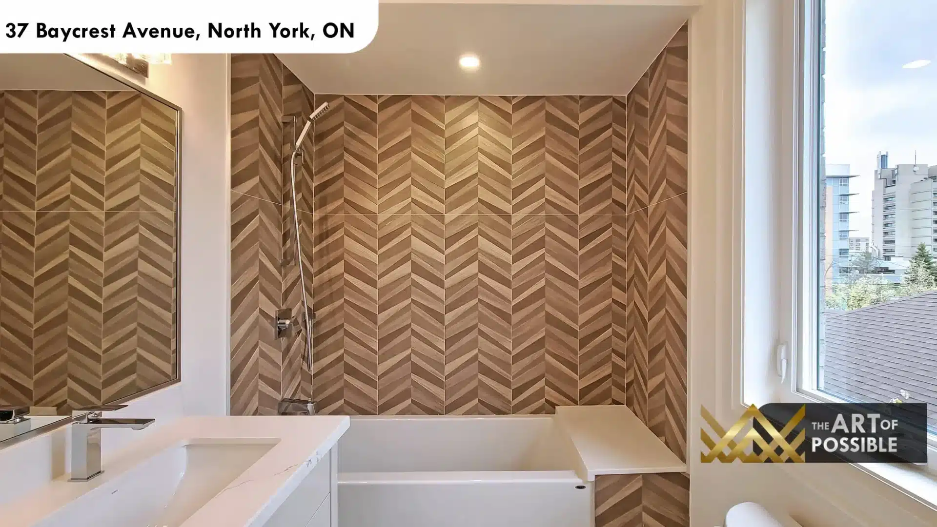 37 Baycrest Ave chevron tile ensuite bath soaker tub wood tone tile walls upper floor city view