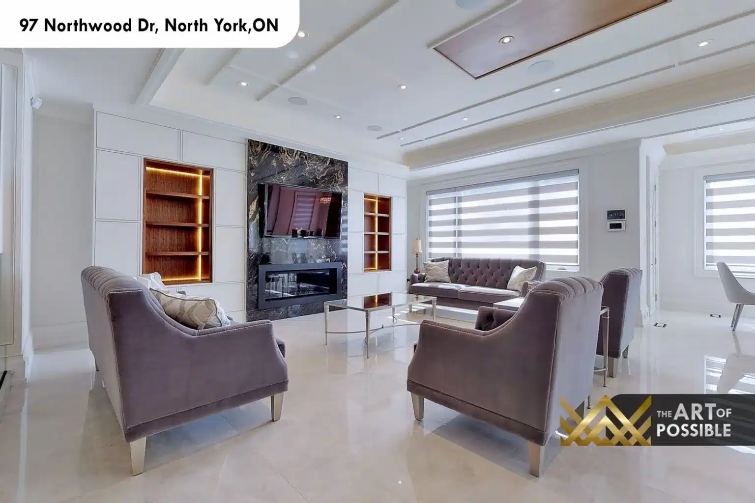 97 Northwood Dr family room fireplace wall white built-in cabinetry walnut LED shelving