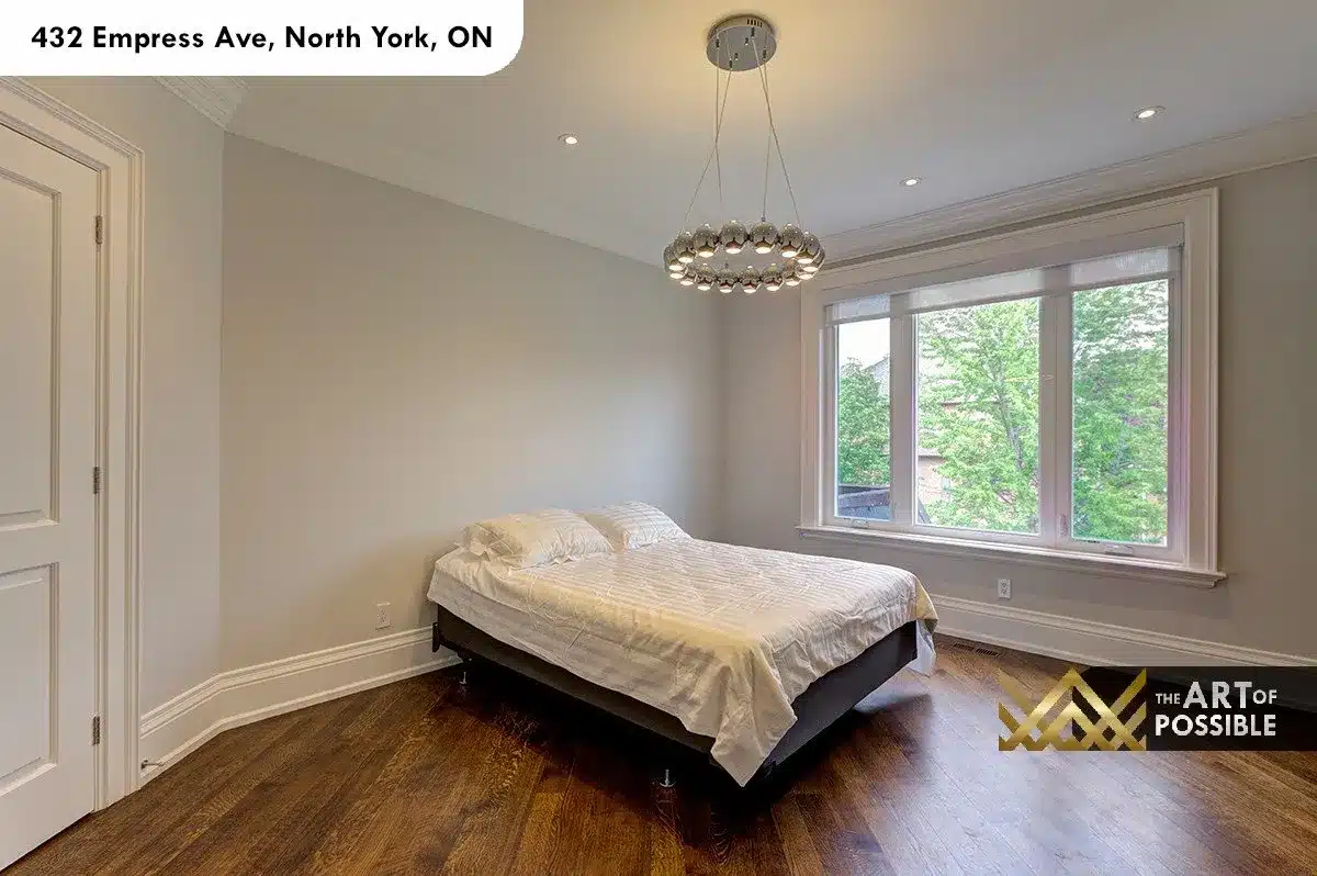 432 Empress Ave - secondary bedroom with chrome sphere pendant and large window