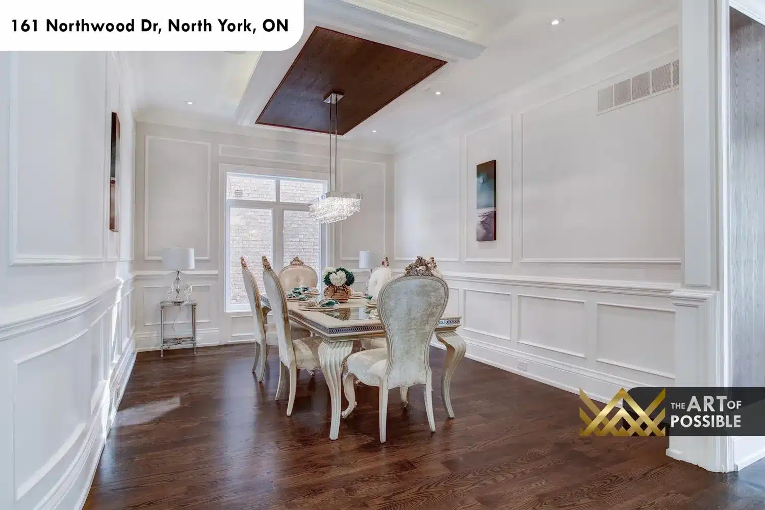 161 Northwood Dr North York dining room walnut tray ceiling crystal chandelier wainscoting