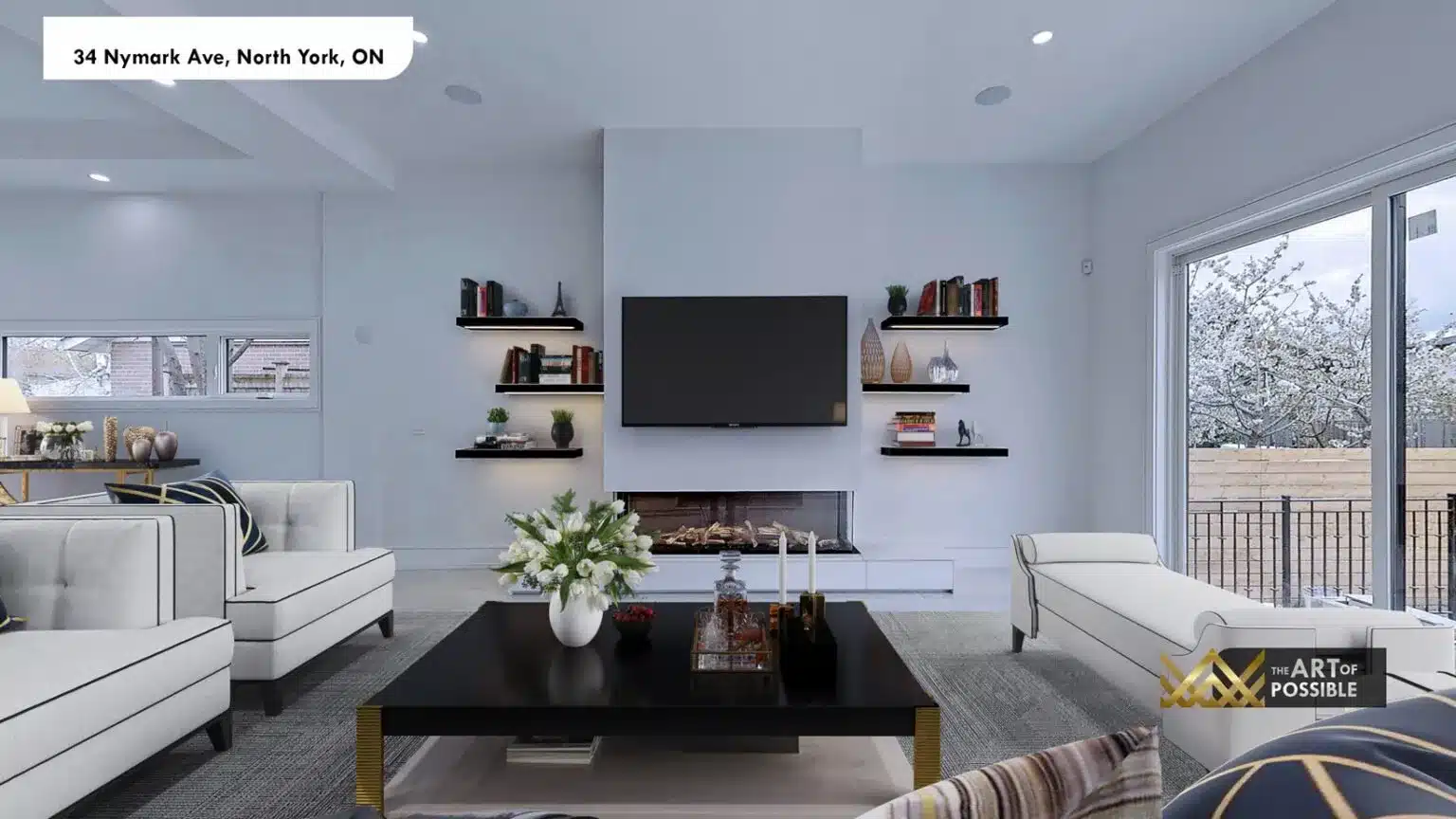 Living room with linear gas fireplace and floating black open shelves flanking the TV wall