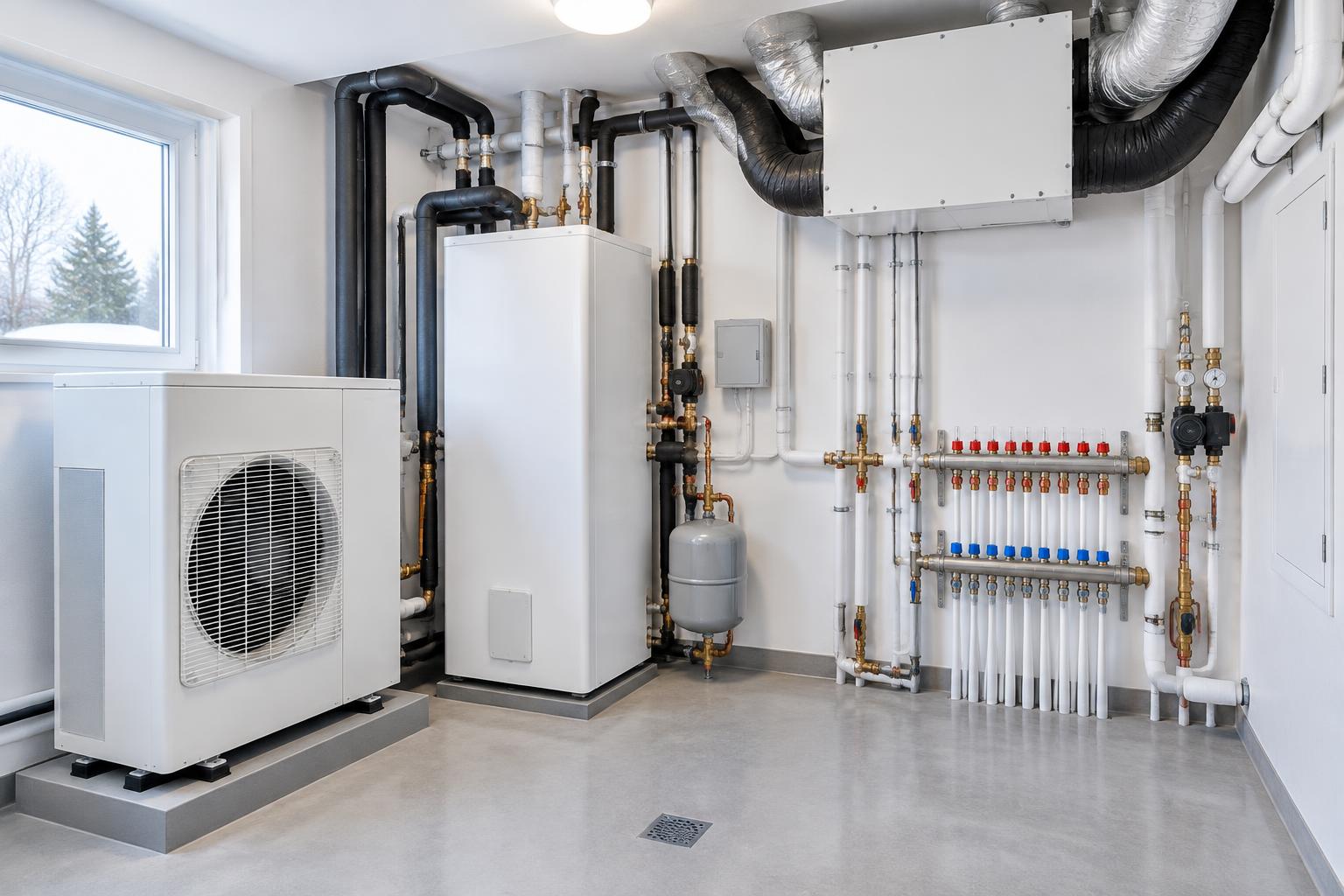 A clean, organised mechanical room with heat pump, ventilation and battery storage
