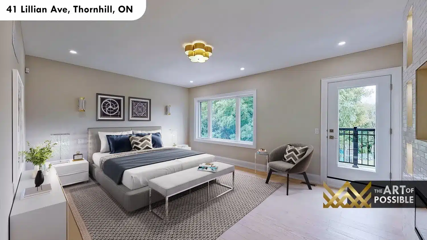 41 Lillian Ave Thornhill primary bedroom white brick fireplace wall private balcony