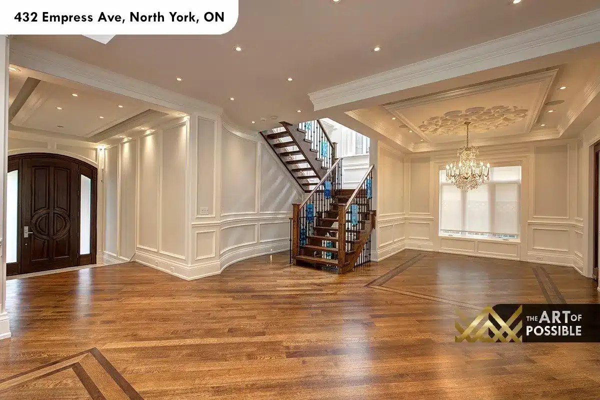 432 Empress Ave - foyer opening to dining room with crystal chandelier and ornate plaster ceiling
