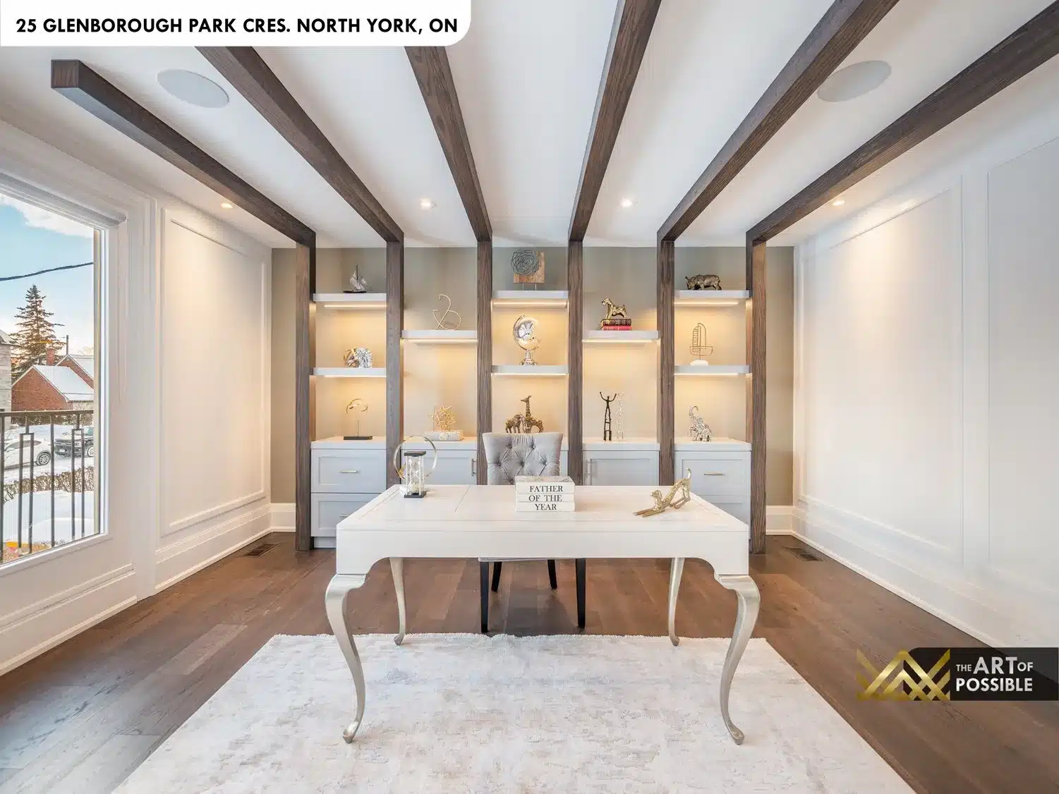 Family room linear fireplace and coffered ceiling