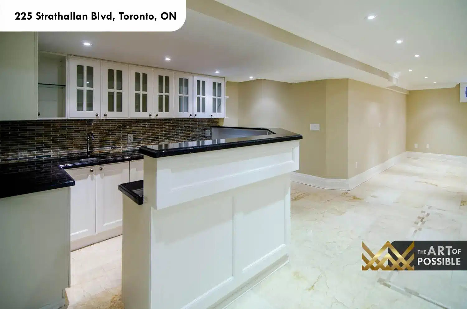225 Strathallan Blvd Toronto - Basement wet bar with dark granite and mosaic backsplash