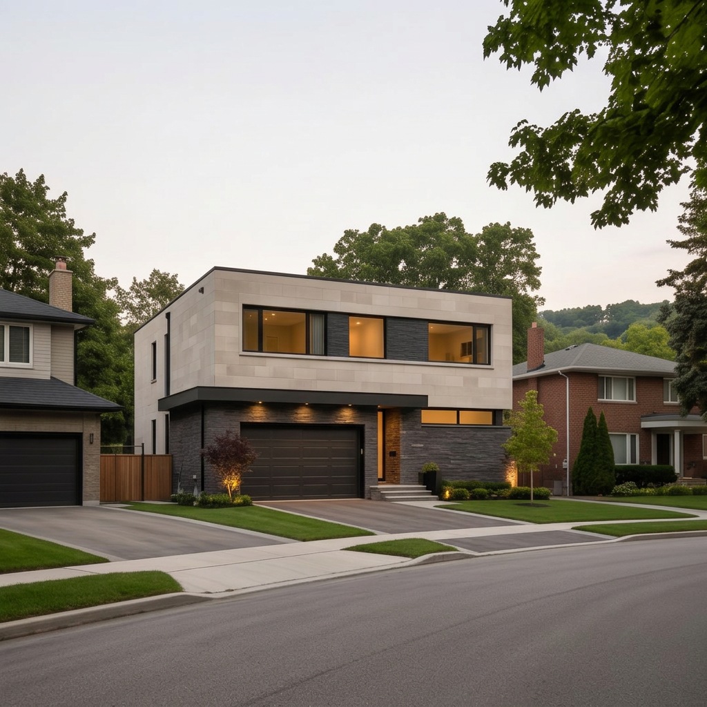 Bayview Village-inspired gently curved postwar detached street, generous leafy setbacks and full-modern horizontal stone architecture; canopy not a dramatic ravine cliff.