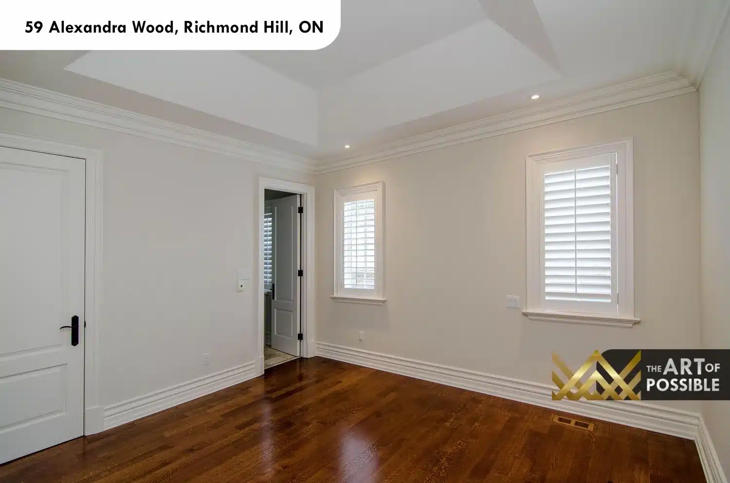 59 Alexandra Wood North York secondary bedroom tray ceiling hardwood floors plantation shutters walk-in closet