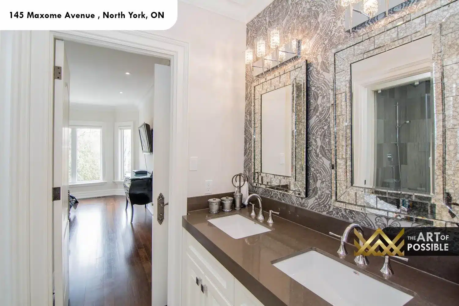 145 Maxome Avenue secondary ensuite metallic mosaic damask tile wall dark quartz vanity chrome fixtures