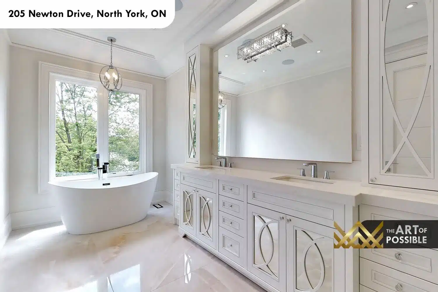 205 Newton Drive primary ensuite freestanding soaker tub dual vanity polished tile