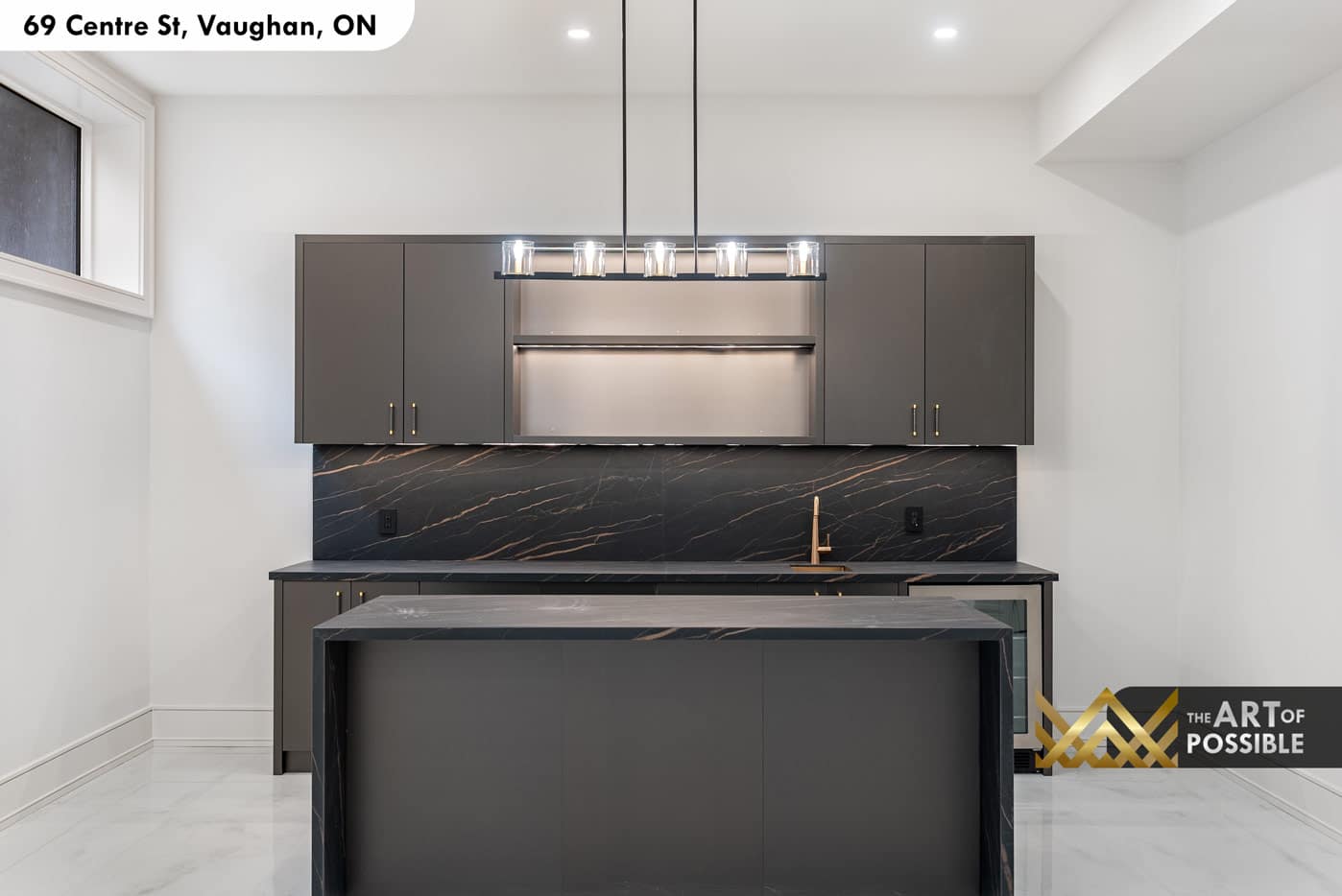 Basement wet bar front elevation with LED display shelf and beverage fridge
