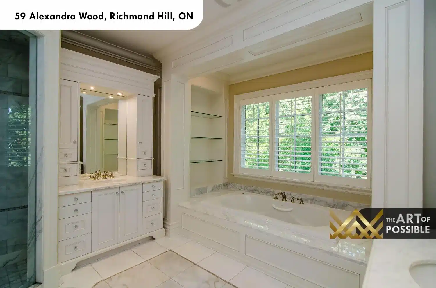 59 Alexandra Wood North York primary ensuite marble soaker tub brass fittings white cabinetry plantation shutters