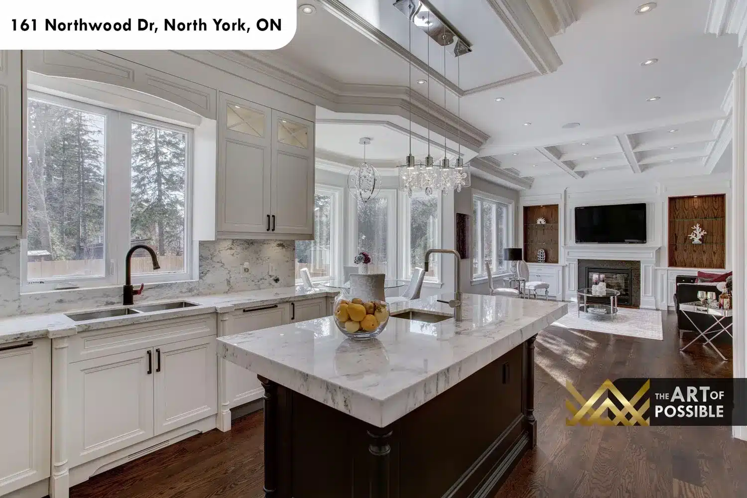 161 Northwood Dr North York kitchen family room open plan coffered ceiling view
