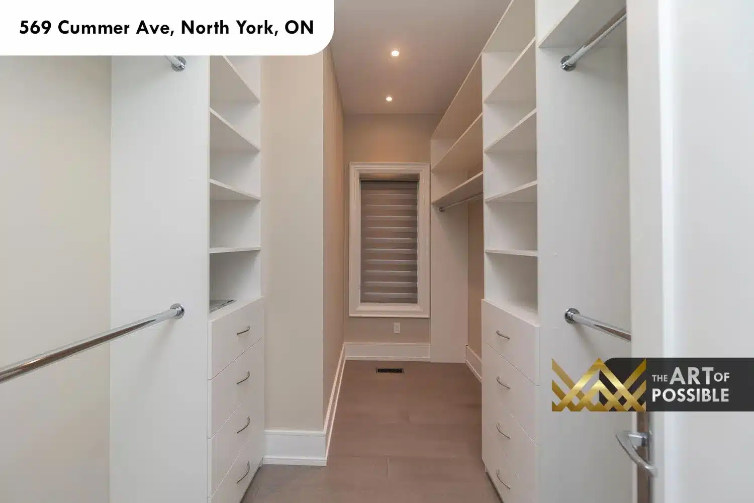 569 Cummer Ave primary walk-in closet custom white built-in shelving hanging rails drawers