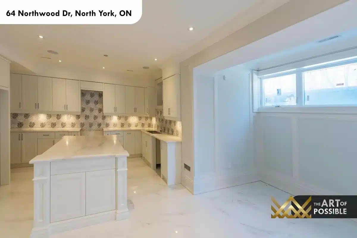 Lower level second kitchen with white cabinetry and mosaic backsplash