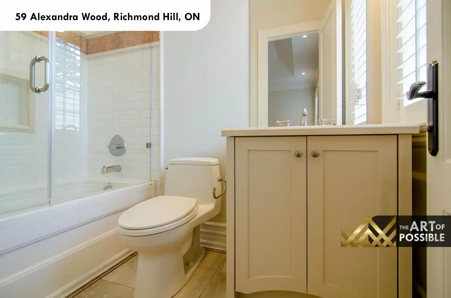 59 Alexandra Wood North York secondary bathroom white square tile glass shower shaker vanity chrome