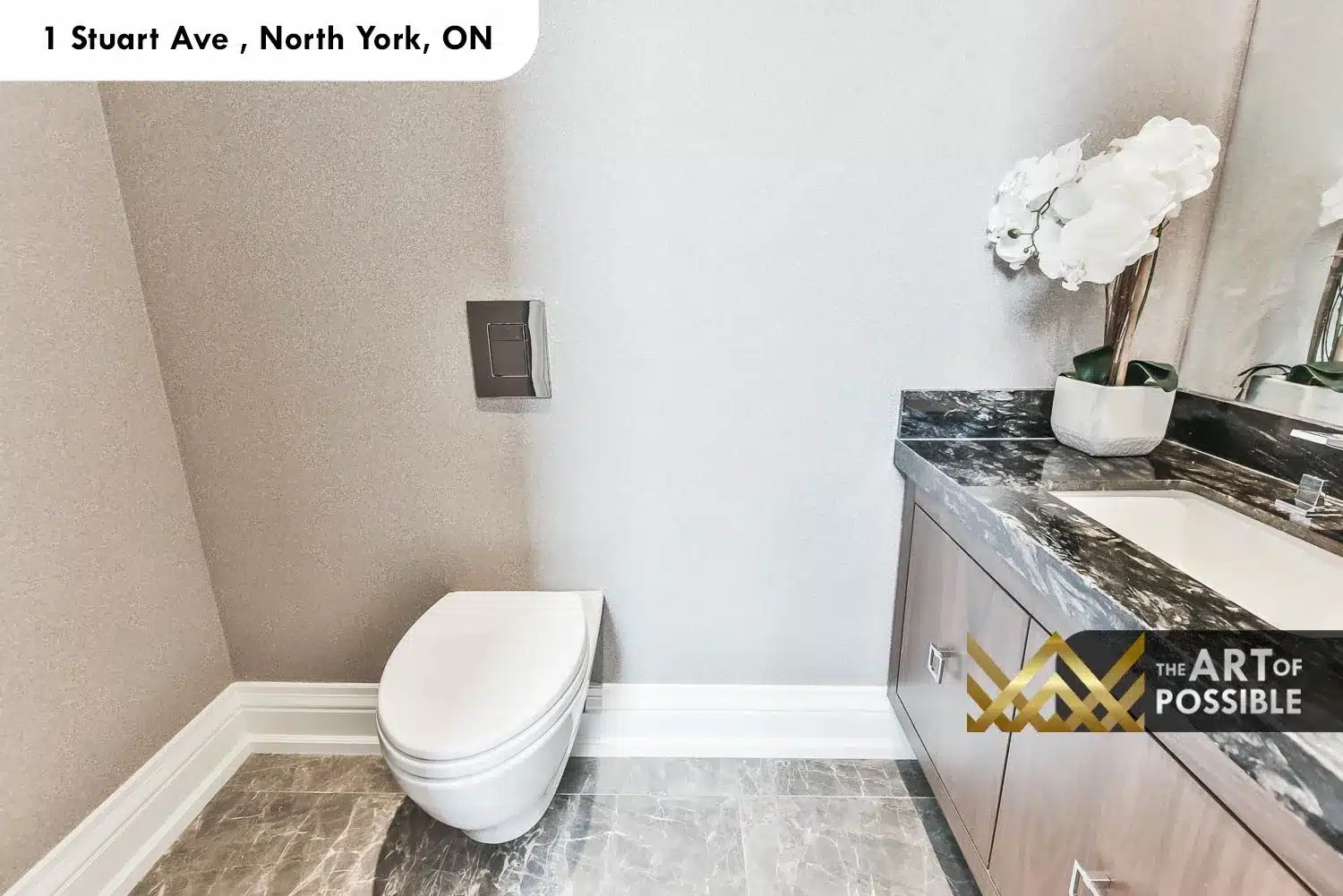 1 Stuart Ave powder room dark marble vanity wall hung toilet