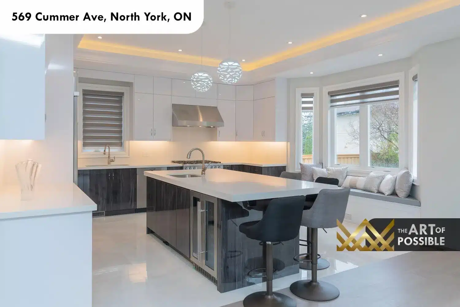 569 Cummer Ave kitchen island beverage fridge window bench seat breakfast nook