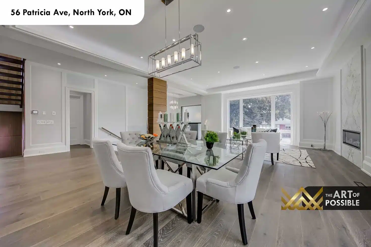 Dining room at 56 Patricia Ave with geometric chrome chandelier
