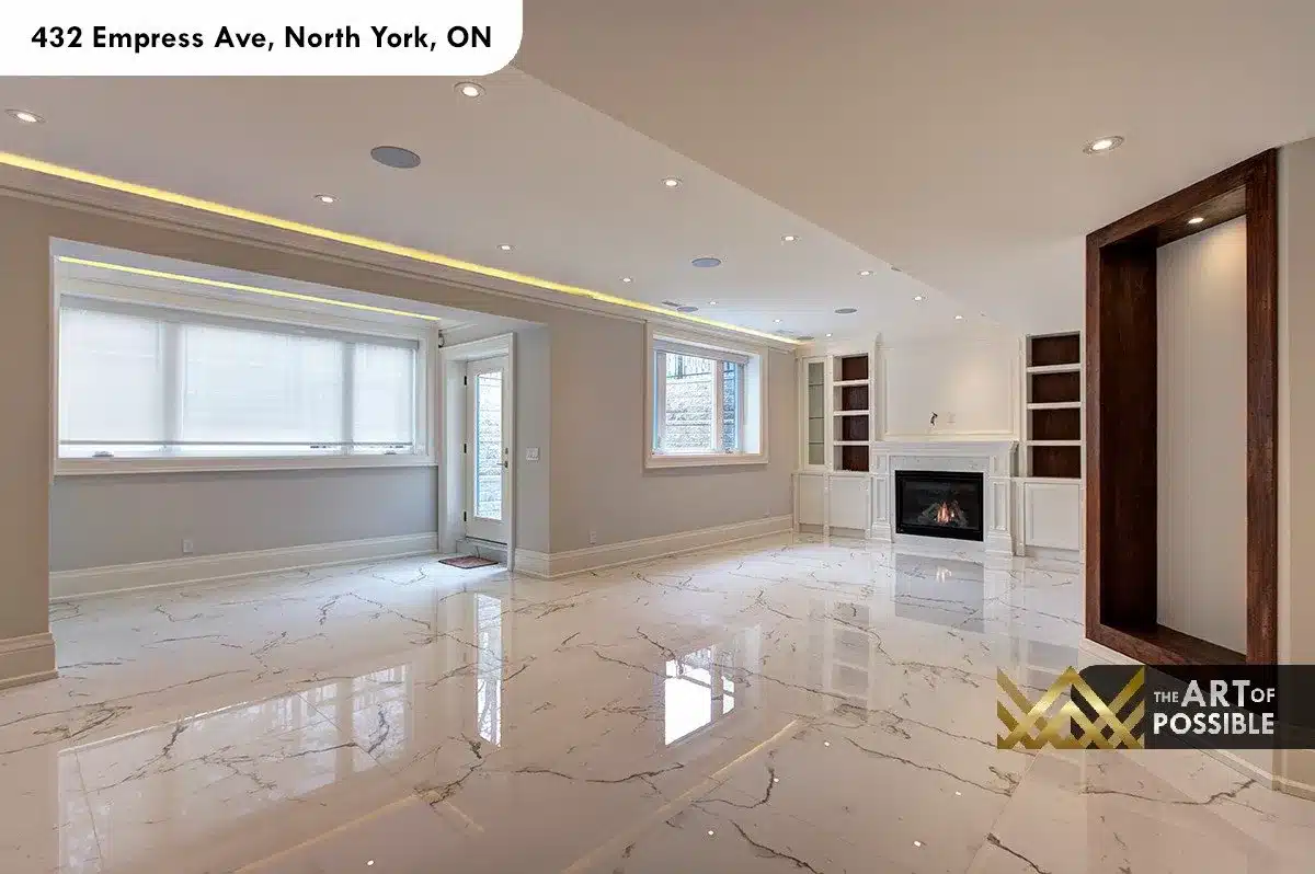 432 Empress Ave - lower level with fireplace, built-in shelving and walkout