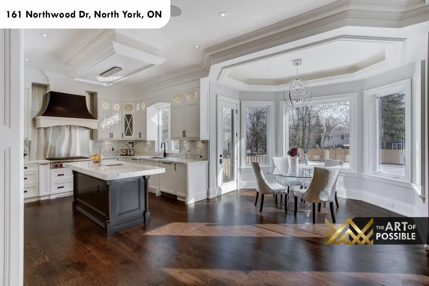 161 Northwood Dr North York kitchen Wolf range marble backsplash two tone island breakfast nook bay