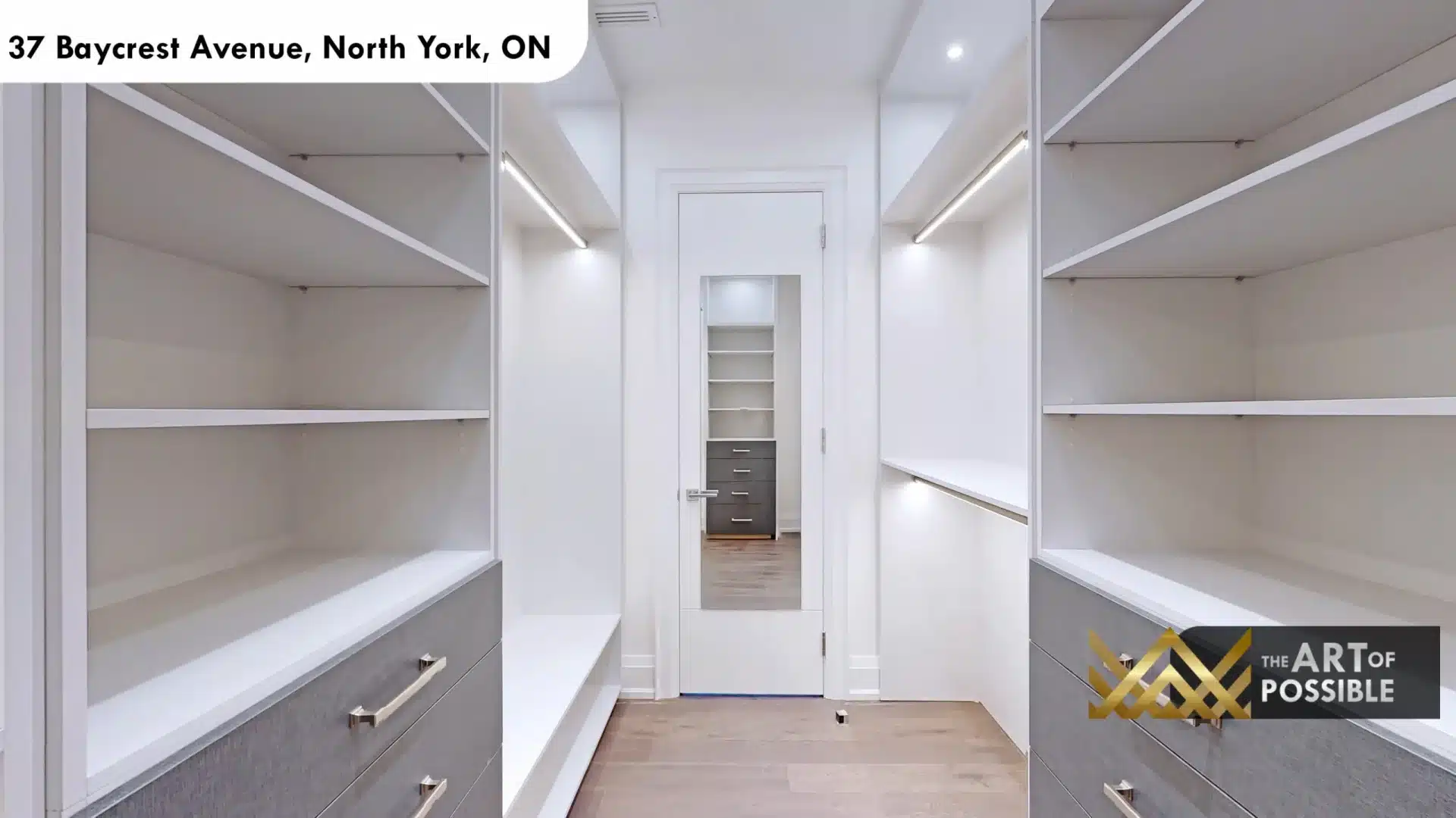37 Baycrest Ave primary walk-in closet second section LED shelving glass panel connecting door