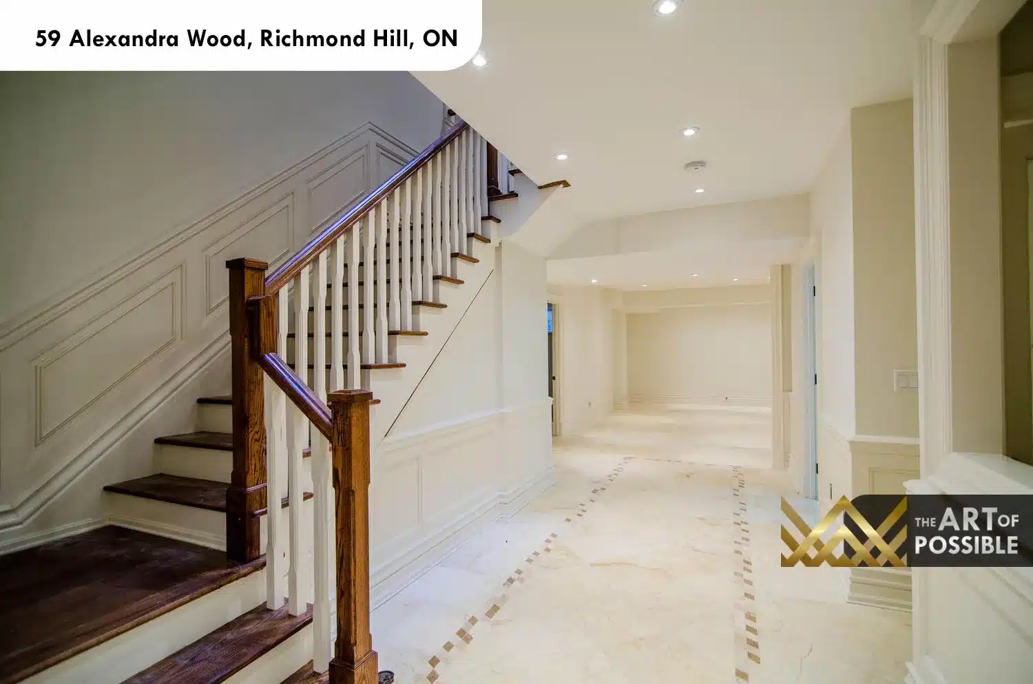 59 Alexandra Wood North York staircase oak treads white spindle balusters marble foyer floor
