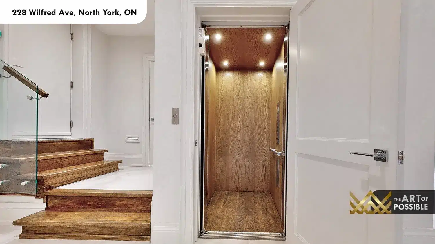 228 Wilfred Ave in-home elevator wood panelled oak interior chrome trim