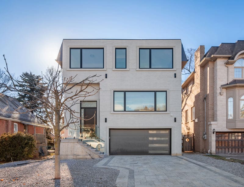 183 Poyntz Ave, North York: Contemporary Flat-Roof Design with a Blue Marble Shower, Walnut Slatted Walls and an Open-Tread Glass Staircase