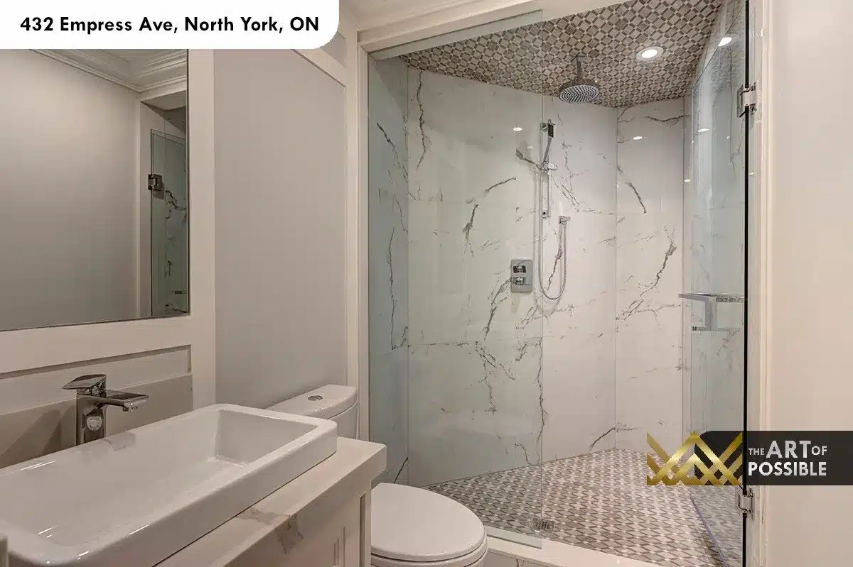432 Empress Ave - basement washroom with marble shower walls and mosaic tile ceiling