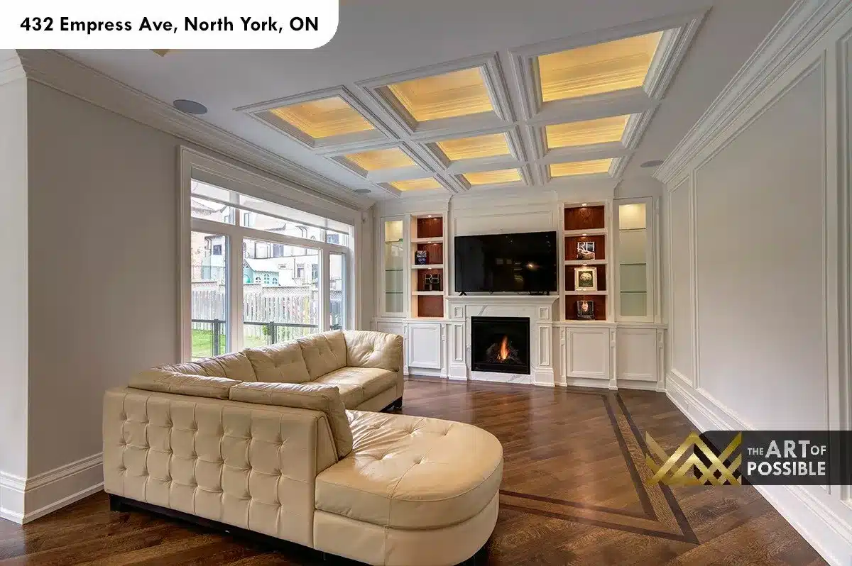432 Empress Ave - family room with coffered tray ceiling, built-in shelving and gas fireplace