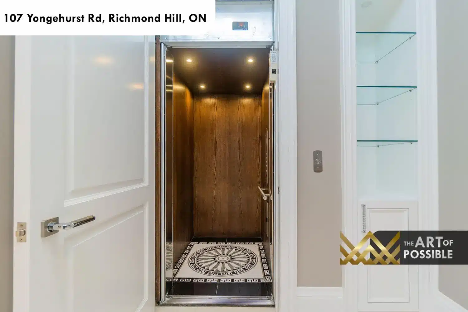 In-home elevator with walnut-panelled cab, mosaic medallion tile floor and stainless steel fittings