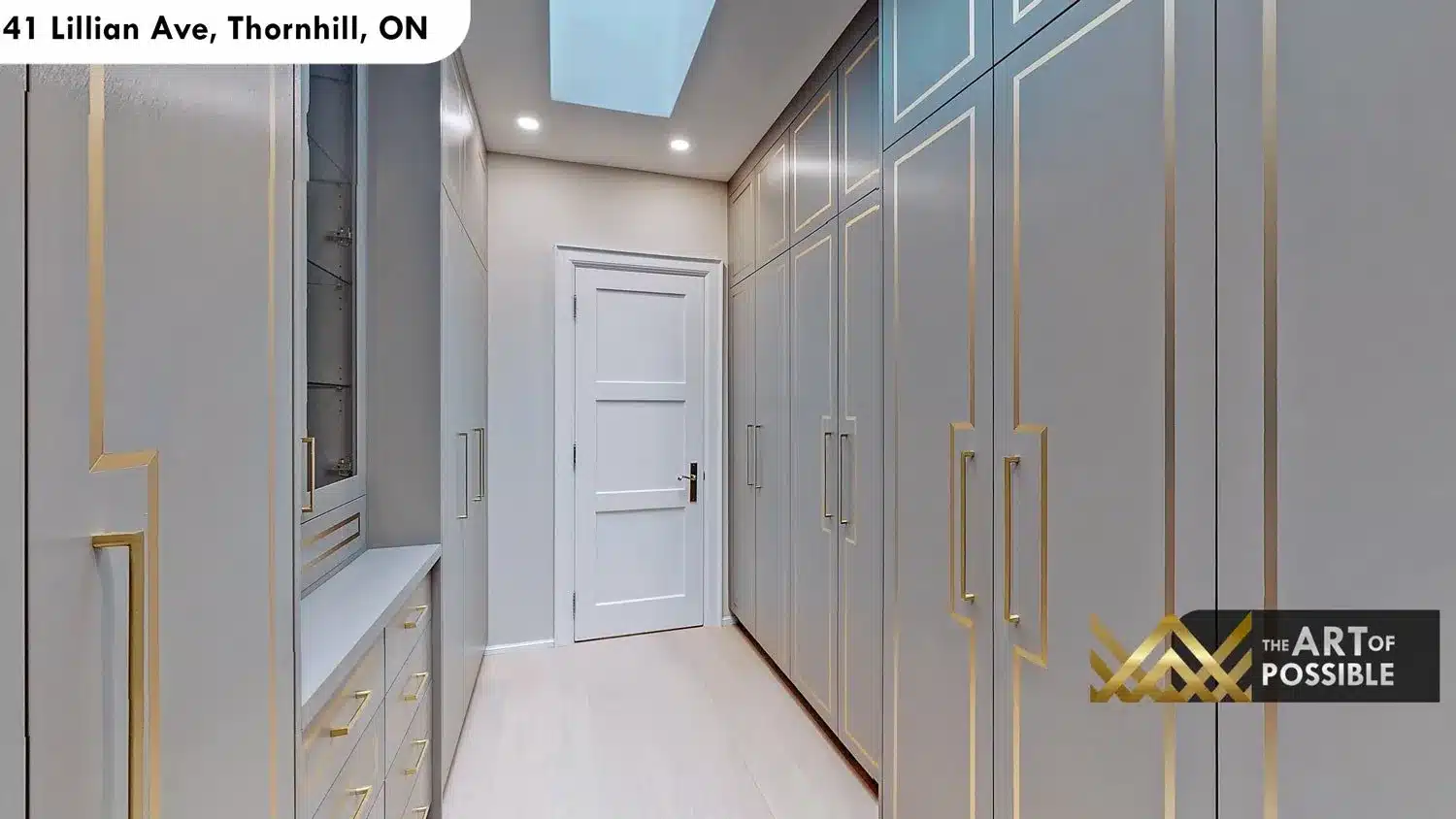 41 Lillian Ave Thornhill walk-in closet skylit grey cabinetry gold trim built-ins