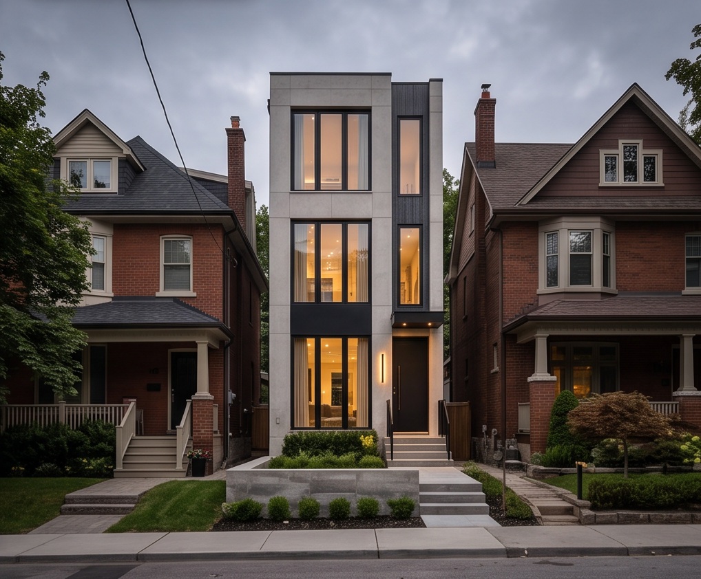 Summerhill-inspired narrow walkable street, vertical compact contemporary home beside period brick houses; minimal front garden, no estate motor court.