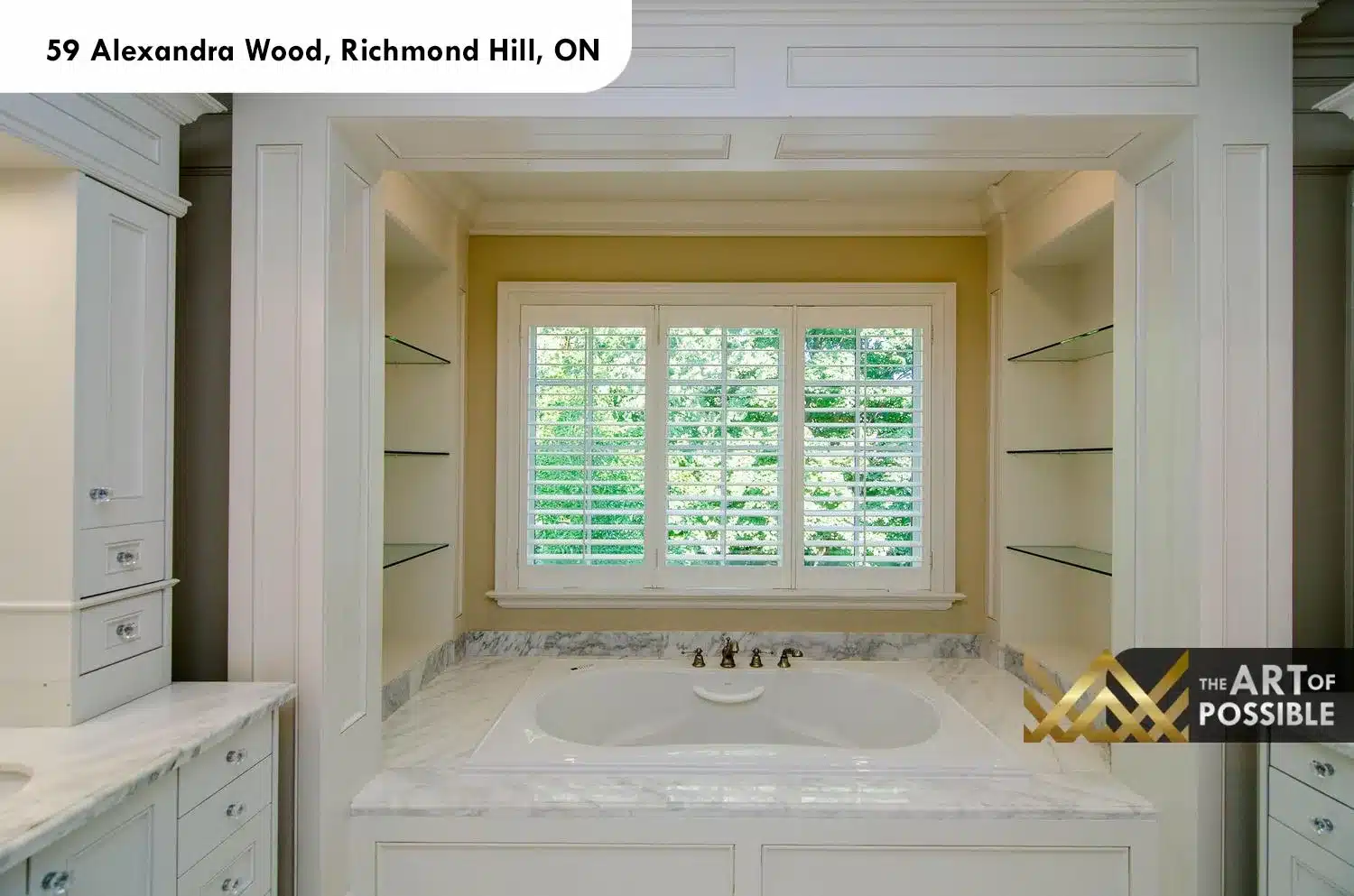 59 Alexandra Wood North York ensuite marble soaker tub surround brass faucets glass shelves