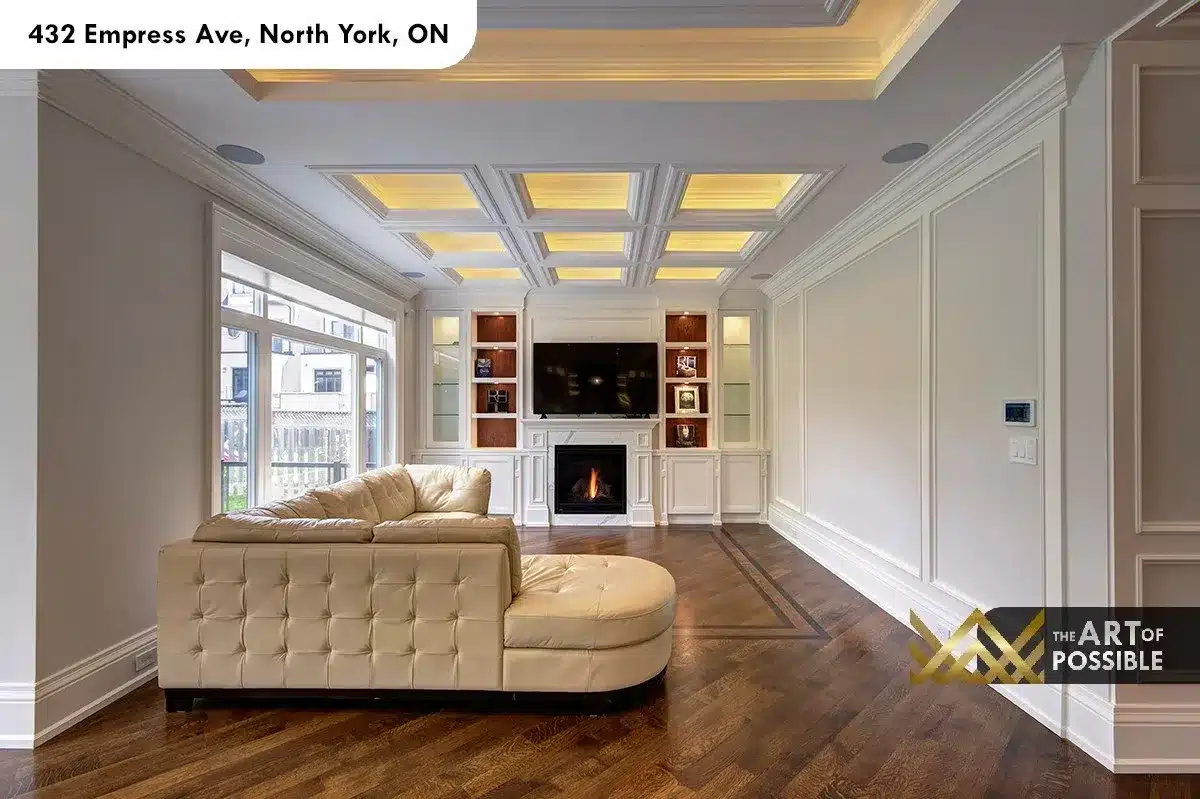 432 Empress Ave - family room with LED cove coffered ceiling and walnut built-in cabinetry