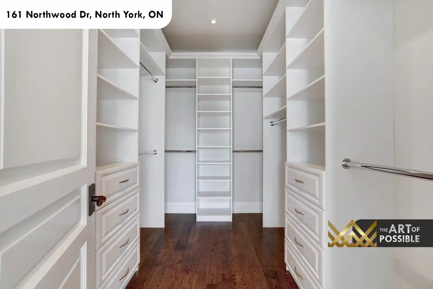 161 Northwood Dr North York primary walk in closet white built in organizers double hanging rods drawers