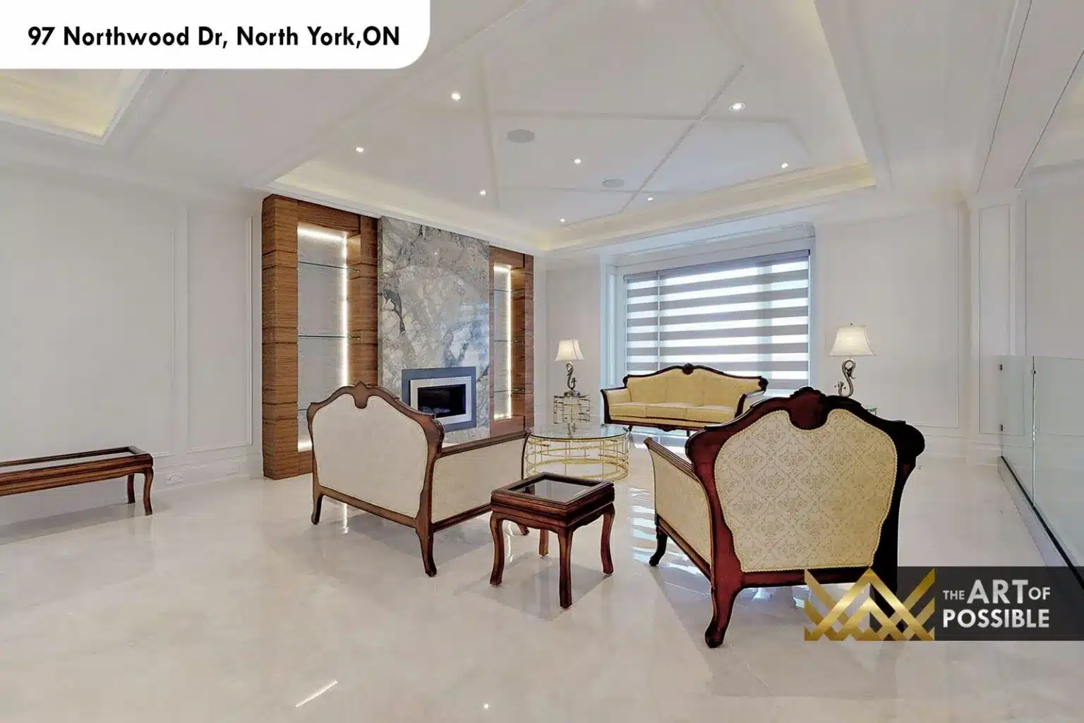 97 Northwood Dr formal living room stone marble fireplace walnut shelving niches LED
