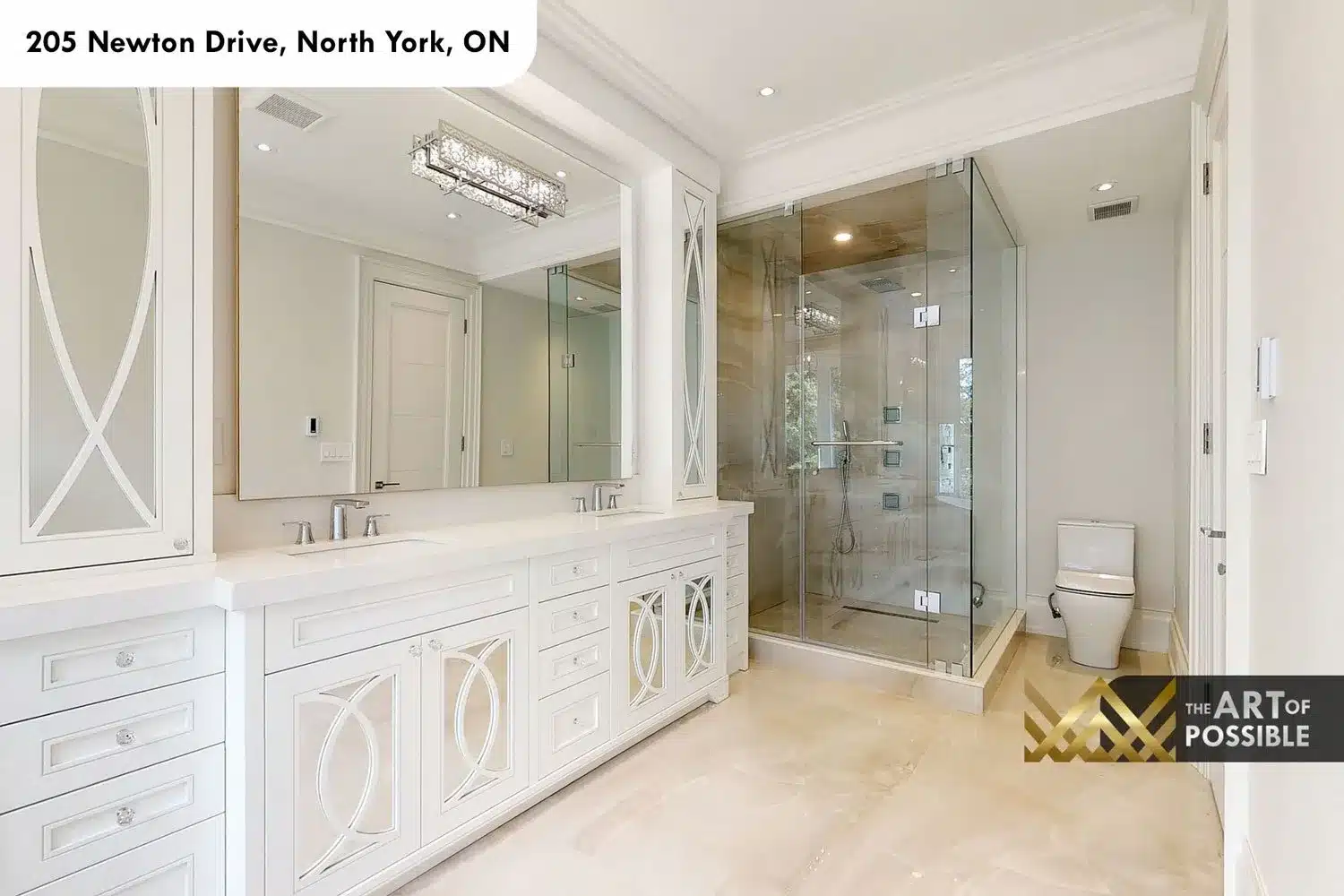 205 Newton Drive ensuite frameless glass shower dual vanity chrome fixtures