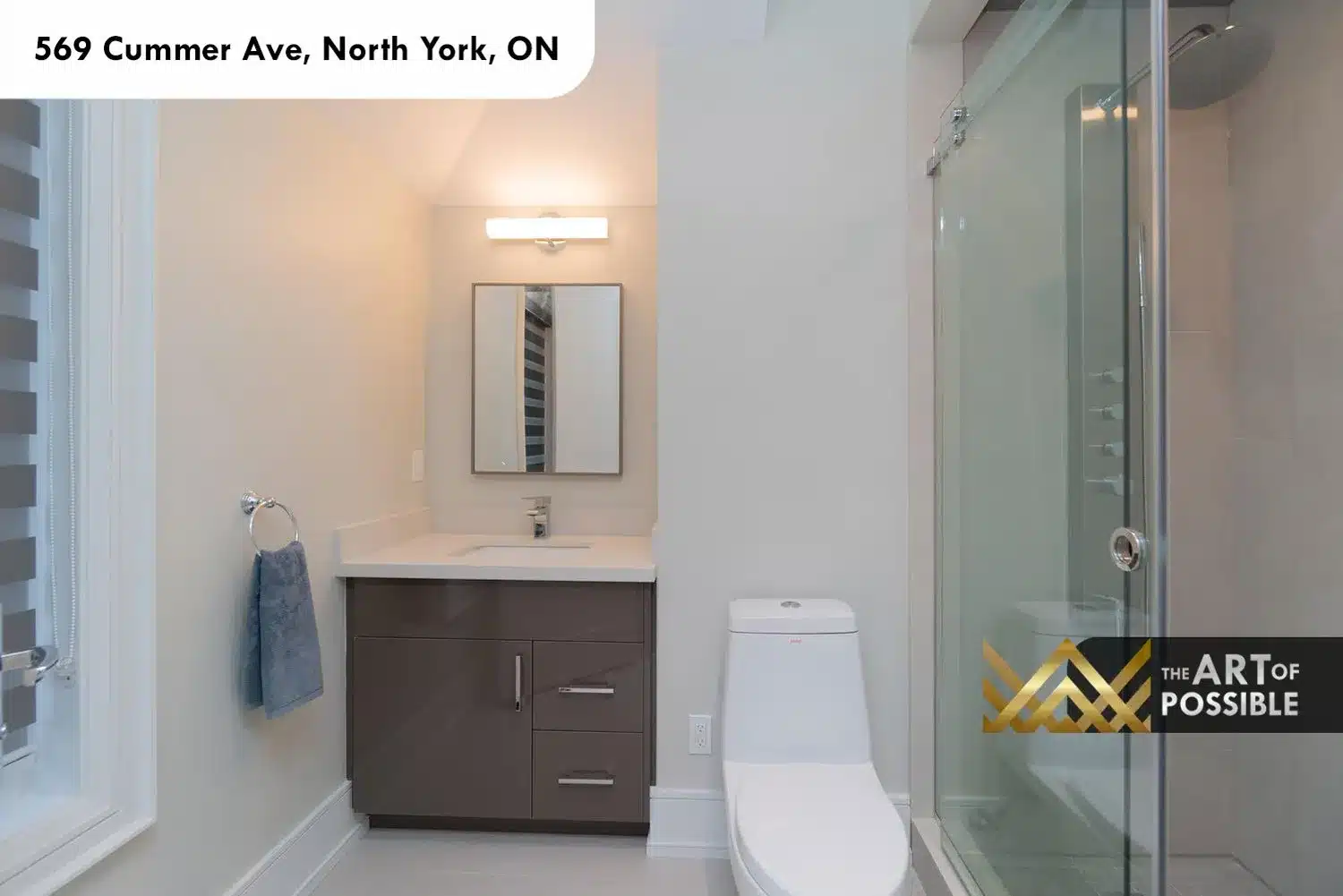 569 Cummer Ave secondary ensuite dark taupe vanity quartz top glass shower chrome fixtures