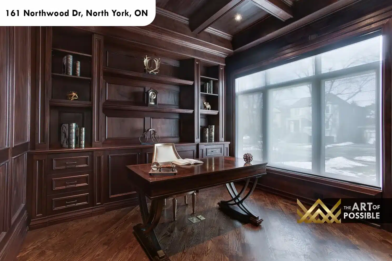 161 Northwood Dr North York home office dark walnut floor to ceiling built in bookshelves coffered ceiling