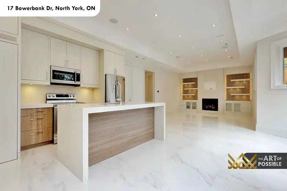 Lower level second kitchen with white quartz island and stainless appliances