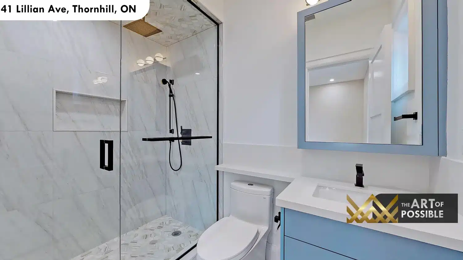 41 Lillian Ave Thornhill secondary ensuite blue vanity black matte fixtures gold rain head marble shower