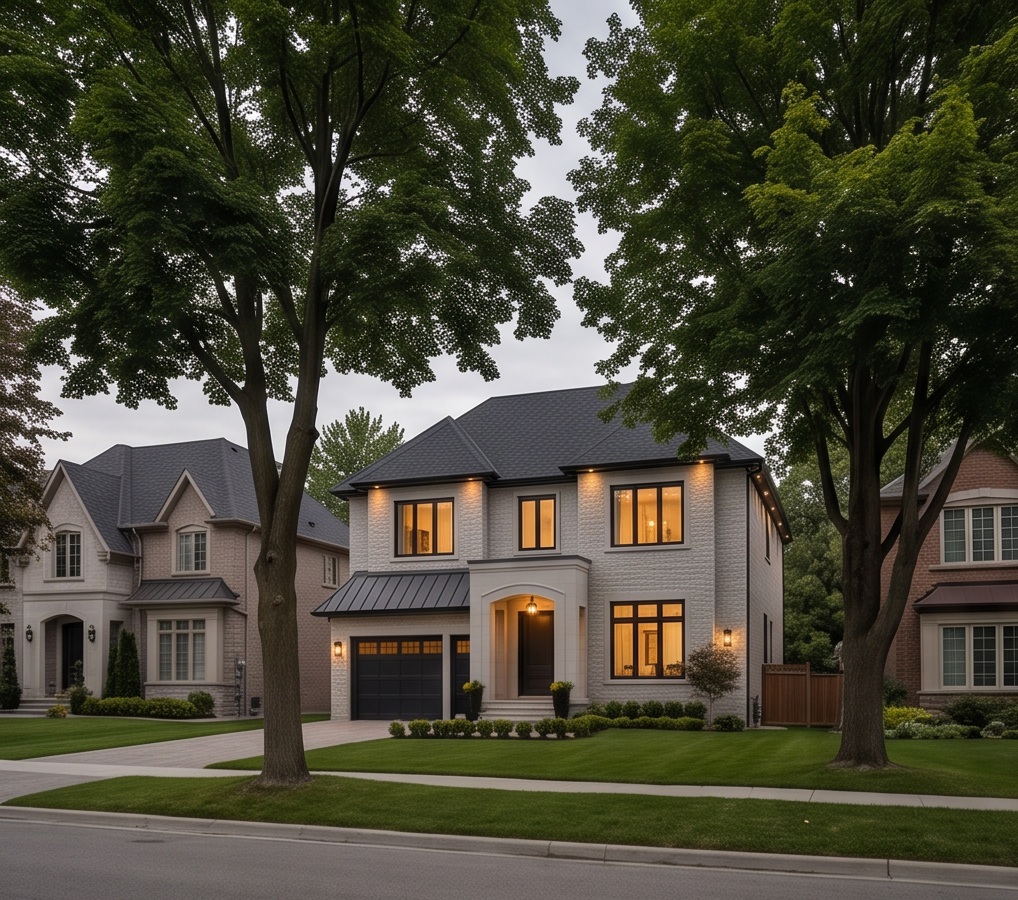 Aurora Highlands-inspired established street, gentle grade, mature maples and modest modern-classic detached scale. No claim to an exact street or heritage building.