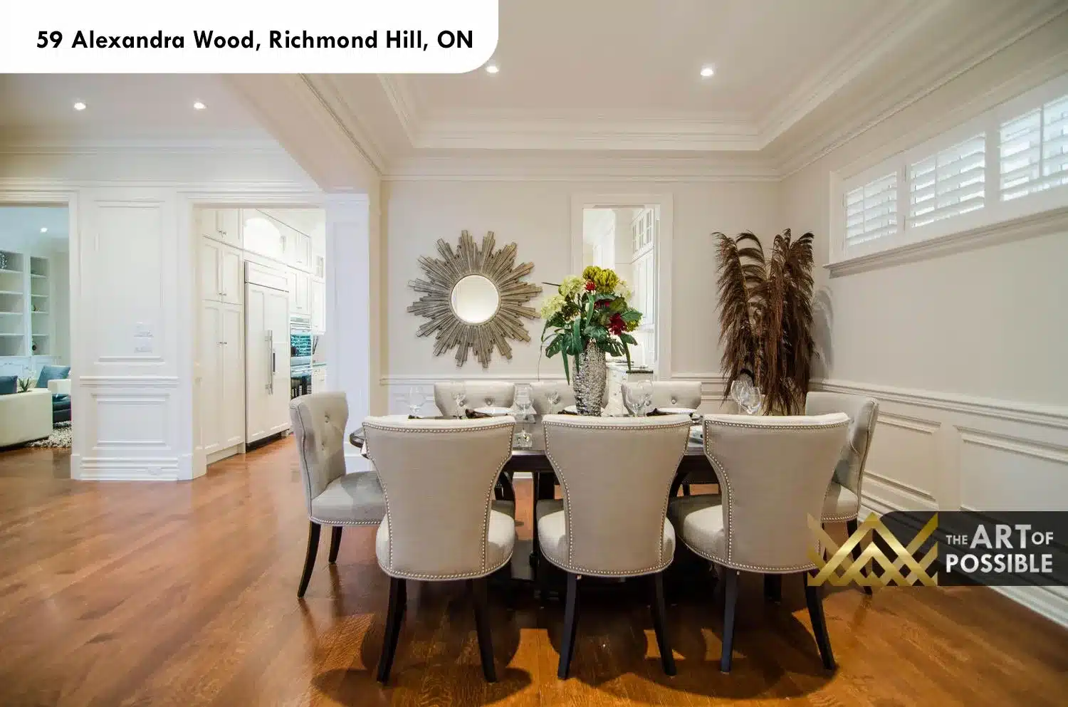 59 Alexandra Wood North York formal dining room tray ceiling wainscoting tufted chairs